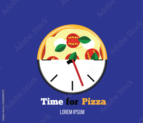 Clock Time for Pizza Margherita. Exotic food and eating at restaurant concept vector art