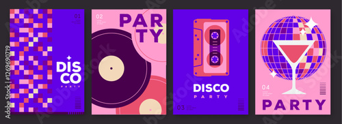 Set of retro disco party posters, covers or banners with disco ball. Disco background. Flat design. Vector illustration