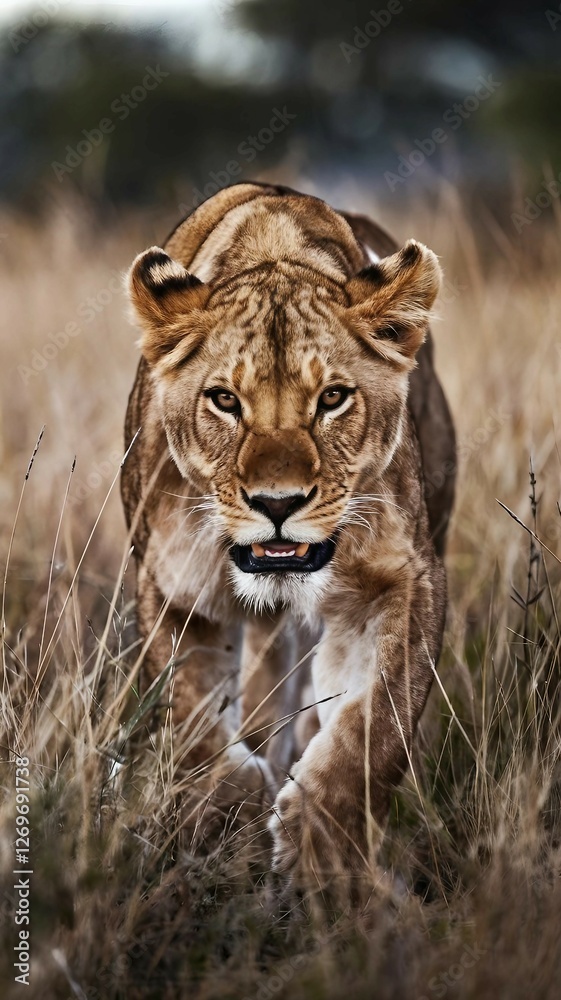Stealthy Fierce Lioness Hunting in Golden Grass with Blurred Savanna Background.
Stealthy Fierce Lioness Hunting in Golden Grass with Blurred Savanna Background.