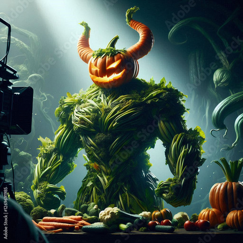 heroic monster assembled from finely detailed vegetables—a robust pumpkin body, carrot horns, and leafy green tendrils photo