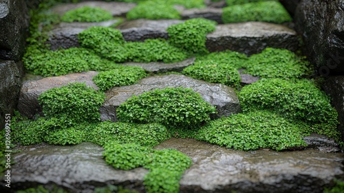 Mossy stone steps, garden path, lush greenery, wet stones, nature background photo