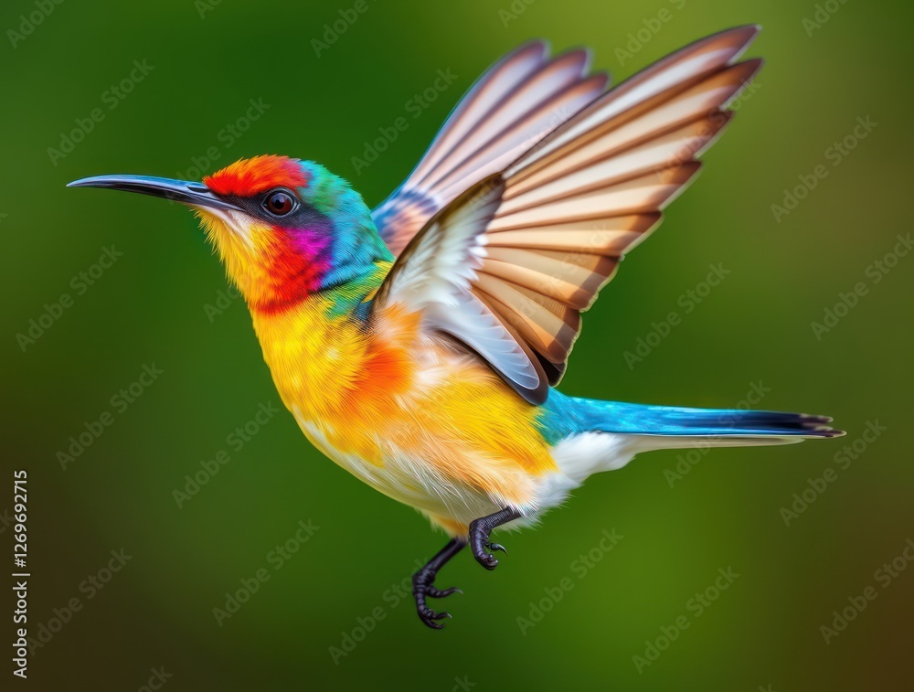 Fototapeta premium In a vibrant spring garden, a colorful fairy bird flutters gracefully, displaying its enchanting plumage and captivating beauty in natural sunlight