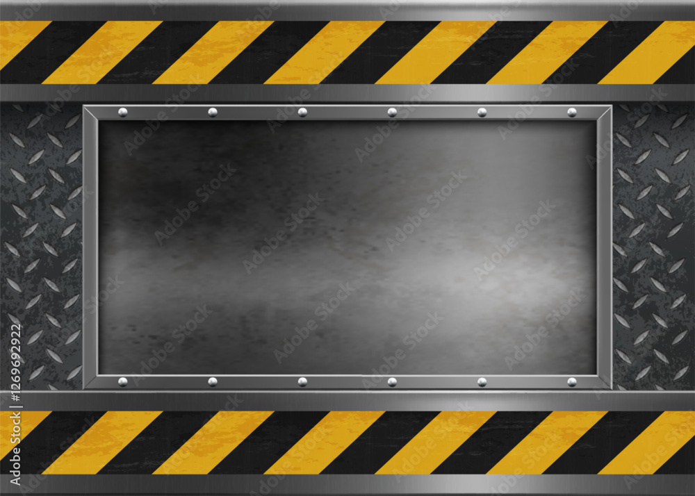 Metal plate. Futuristic steel background. Stainless plaque. Signage panel with rivets. Space bracket banner technology. Striped adhesive tape. Iron texture. Vector industrial frame