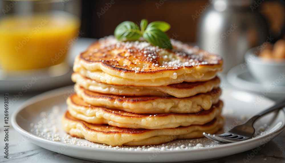 Stack of Fluffy Pancakes with Powdered Sugar Stack of Fluffy Pancakes with Powdered Sugar