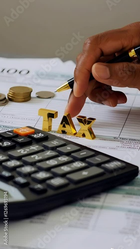 Person filling out tax forms. Taxes, finance, accounting.