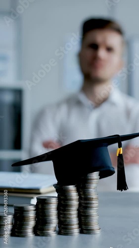 Graduation cap on coins. Education costs, student loans, tuition fees.
