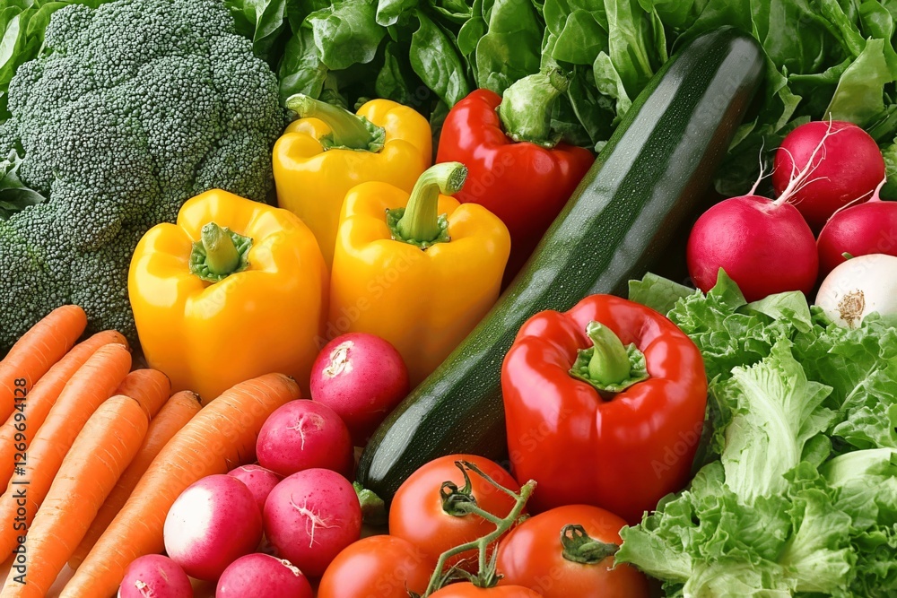 A colorful mix of fresh vegetables, featuring yellow and red peppers, carrots, radishes, tomatoes, cucumbers, and leafy greens, emphasizing natural freshness and variety. A colorful mix of fresh vegetables, featuring yellow and red peppers, carrots, radishes, tomatoes, cucumbers, and leafy greens, emphasizing natural freshness and variety.