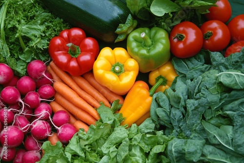 A vibrant collection of fresh vegetables  including bell peppers  radishes  carrots  tomatoes  and leafy greens  showcasing a variety of natural colors and textures.