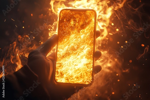 Burning Bright:  A hand holds a smartphone ablaze in a fiery inferno, symbolizing the addictive and consuming nature of technology. The phone screen reflects the intensity of the flames.