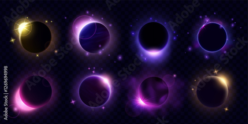 Circle light. Earth flare. Glow universe with gold sparkle in space. Solar lighting. Moon eclipse or sunrise in horizon. Galaxy illumination. Astronomy shine. Vector cosmic flashes set