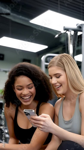  Two women at the gym share a laugh while looking at a phone, enjoying a moment of connection.