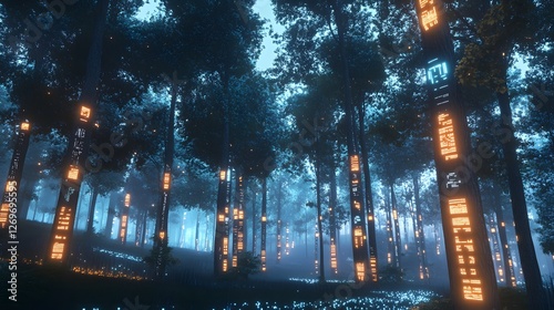 Enchanted Forest with Glowing Trees and Ethereal Atmosphere at Dusk