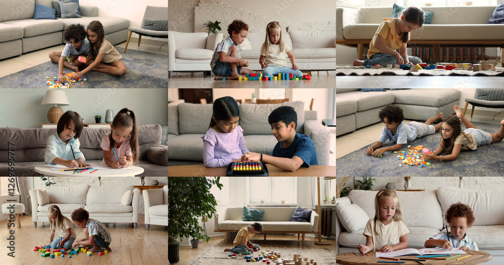 Φωτογραφία Videos collage, kids spend time at home, play boardgame, wooden blocks, drawing picture with pencils, enjoy playtime and communication with best friend, cousins or sibling