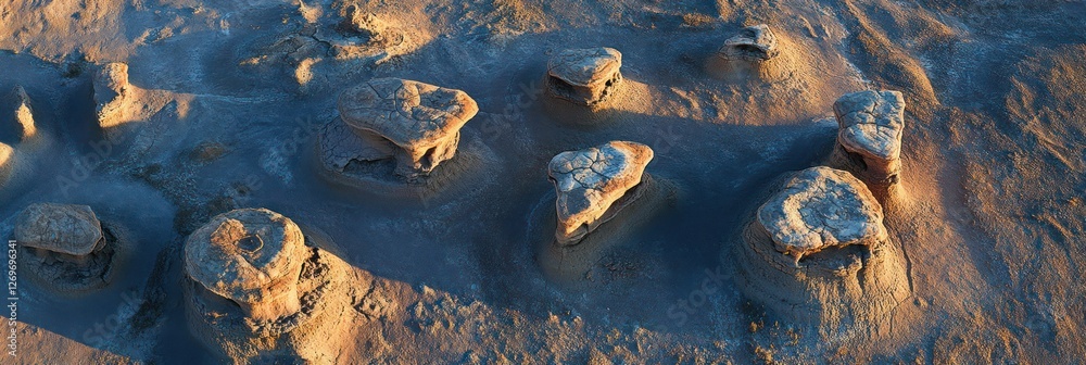 Fototapeta premium Golden Hour Illuminates Unique Rock Formations In Desert Landscape