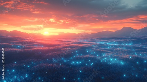 Serene Sunset Over Lush Forest with Glowing Blue Lights