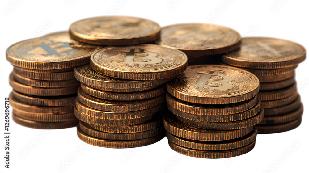 Bitcoin Stacks Golden Cryptocurrency, Digital Wealth and Investment Coins, isolated on transparent background. Bitcoin Stacks Golden Cryptocurrency, Digital Wealth and Investment Coins, isolated on transparent background.