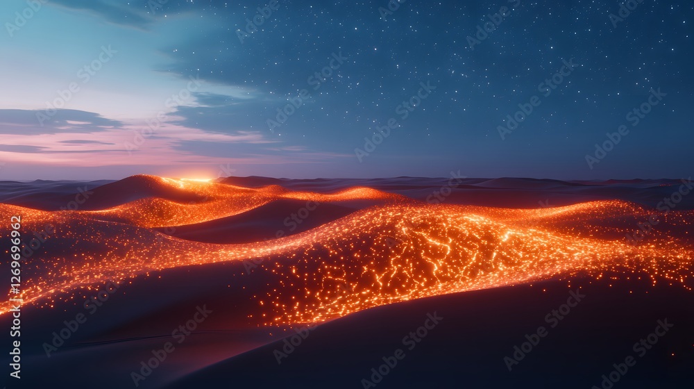 Serene Night Sky Over Glowing Lava Flow in Desert Landscape Serene Night Sky Over Glowing Lava Flow in Desert Landscape