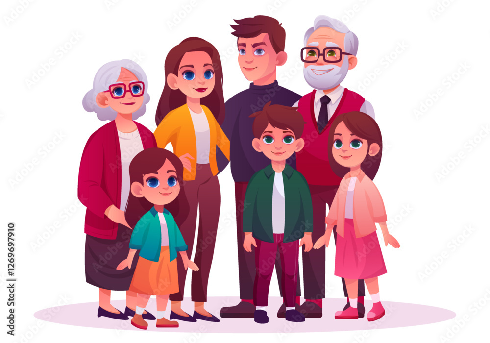 Fototapeta premium Happy family hug. People characters, big kids together. Grandmother and grandfather, child group with woman and man. Mother and father. Vector cartoon flat isolated generation illustration