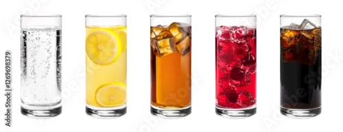 Obraz  z motywem Sparkling water, lemonade, iced tea, cherry water, cola soda PNG set bundle, transparent isolated background. Fresh refreshing cold summer drink in a tall glass, sweet tasty beverage