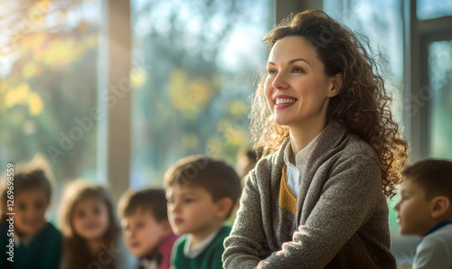 A cheerful female teacher spends time with her elementary school students