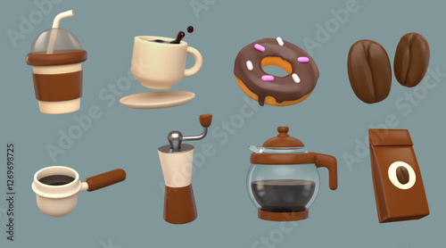 3d coffee. Cup, bean for cafe shop or breakfast morning drink, dessert as croissant from barista, chocolate donut. Cute paper product pack. Glossy render elements. Vector icons isolated set