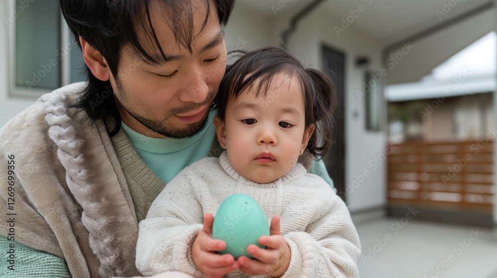 An East Asian father and daughter share a special moment outdoors, examining a colorful Easter egg during their festive celebration An East Asian father and daughter share a special moment outdoors, examining a colorful Easter egg during their festive celebration