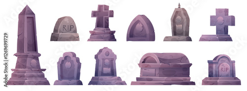 Gravestone. Tombstone, cross and skull on grave. Graveyard stone texture, Celtic texture headstone granite, mausoleum, monuments for funeral. Vector halloween icon isolated set