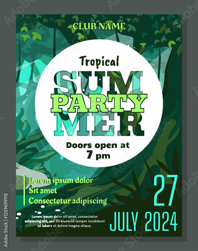 Tropical summer party invitational poster. Exotic plants on background, jungle botany, green backdrop Leaves and flowers. Entertainment show banner. Vector cartoon flat isolated illustration