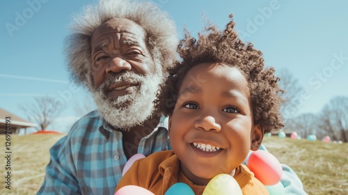 A Black grandparent and child enjoy an Easter egg hunt together, surrounded by colorful eggs and the beauty of springtime