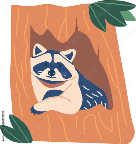 Raccoon in tree hollow vector illustration