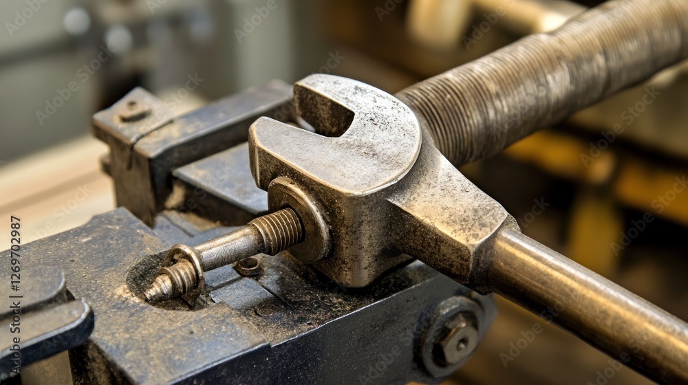 Worn Metal Tool Tightening a Bolt in a Machine Worn Metal Tool Tightening a Bolt in a Machine