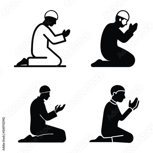 A set of Muslim mans praying vector silhouettes 