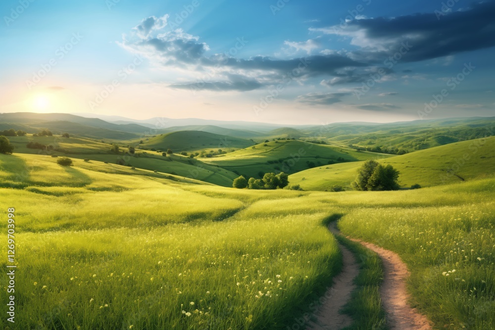 Fototapeta premium Rolling Hills at Sunset: A picturesque panorama of verdant rolling hills bathed in the warm glow of a setting sun, with a winding dirt road leading through the landscape.