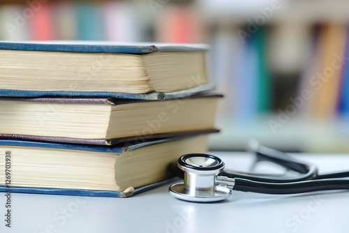 Medical Books and Stethoscope on Desk | Healthcare Education Concept