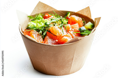 Fresh poke bowl packed with salmon, vegetables, and garnishes is prepared for takeout in an eco-friendly craft bag