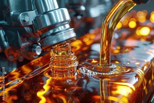 3d illustration of car engine with lubricant oil on repairing. Concept of lubricate motor oil