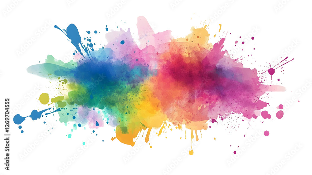 Fototapeta premium Rainbow coloured watercolour splatter design background, Holi colour splash on transparent background for banner or poster design, greeting card for festival of colours.splash, color, 