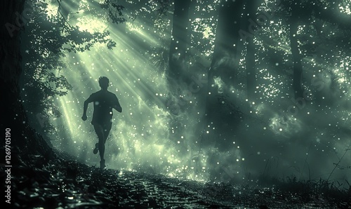 silhouette of a man running through the forest in the morning