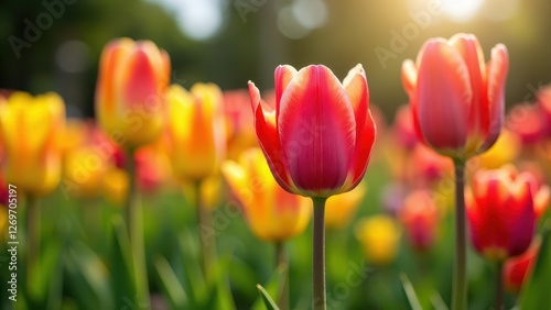 Spring Fashion Week, Garden colorful tulips modern eyeglasses seasonal tints photorealistic.