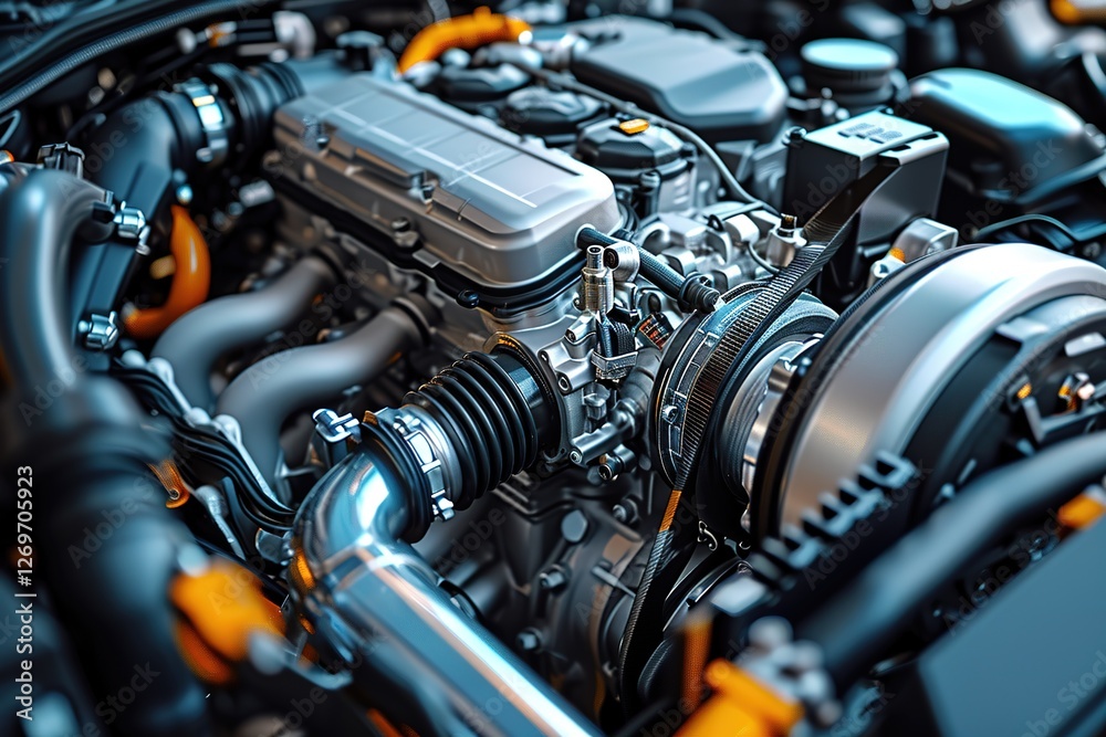 The powerful engine of a car. Internal design of engine. Car engine part. Modern powerful car engine The powerful engine of a car. Internal design of engine. Car engine part. Modern powerful car engine