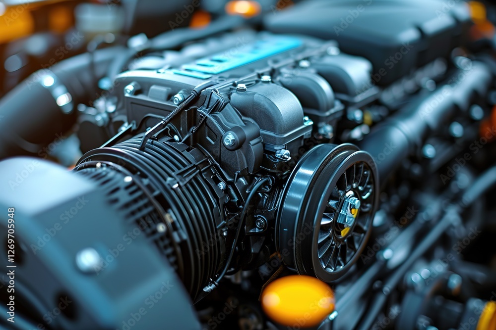 Fototapeta premium The powerful engine of a car. Internal design of engine. Car engine part. Modern powerful car engine