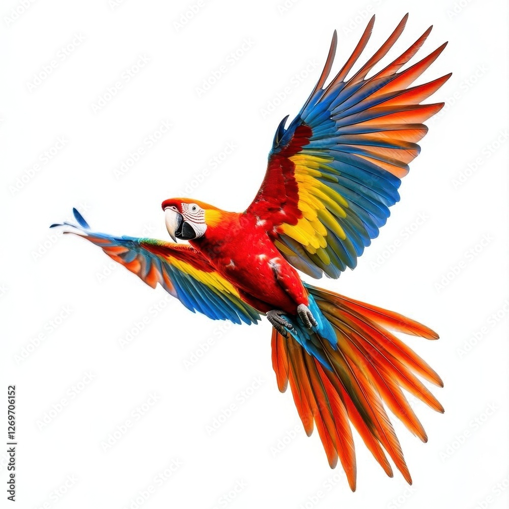 Fototapeta premium Scarlet Macaw Parrot Flying Isolated on White Background Ultra-Realistic Wildlife Illustration