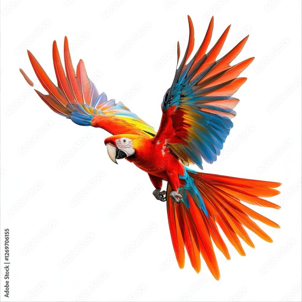 Fototapeta premium Scarlet Macaw Parrot Flying Isolated on White Background Ultra-Realistic Wildlife Illustration