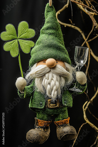 Handcrafted Irish Leprechaun Gnome Figurine with Clover and Wineglass Saint Patrick's Day
