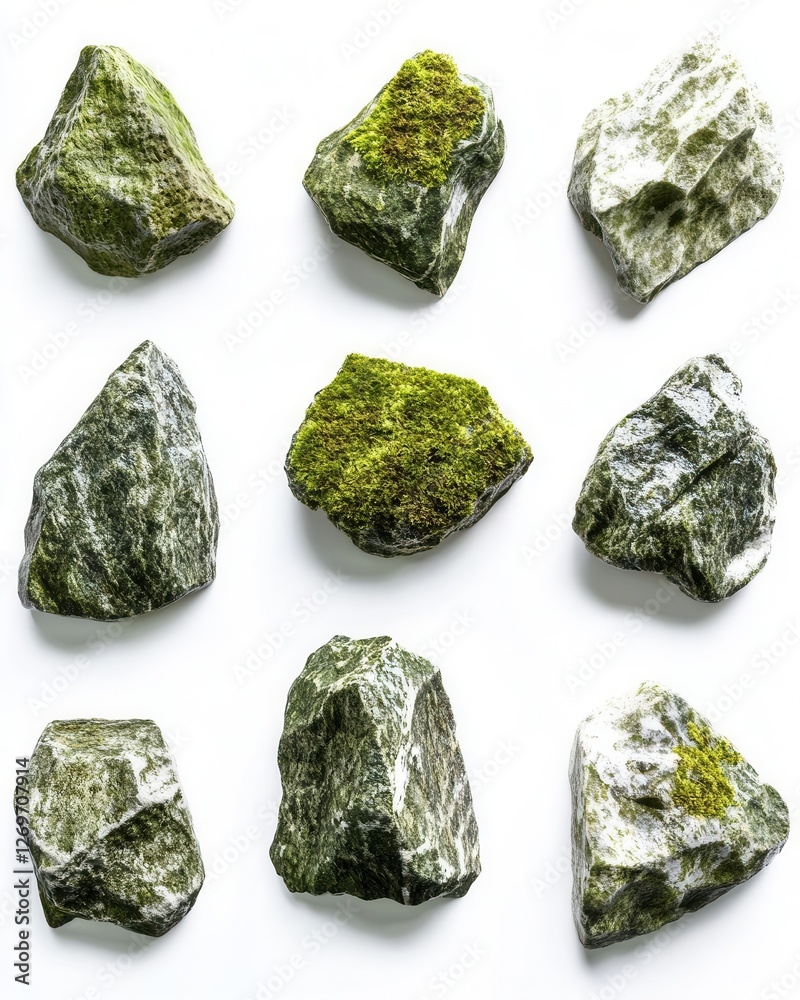 Set of Natural Moss-Covered Rocks Isolated on Pure White Background for Garden Decor Inspiration Set of Natural Moss-Covered Rocks Isolated on Pure White Background for Garden Decor Inspiration