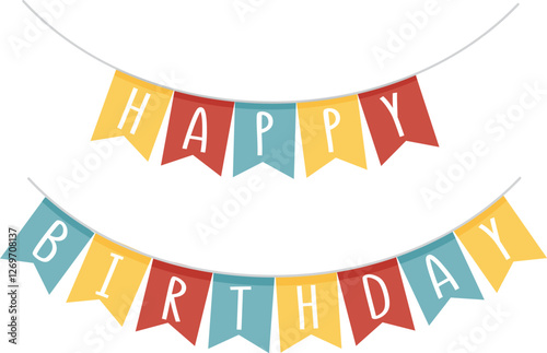 Cute vintage festive fabric pennant banner as bunting flags with letters Happy Birthday