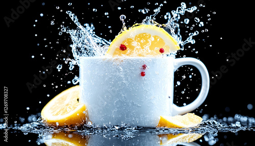 Lemon Splash in White Cup on Black Background photo