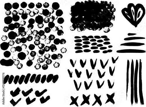 Grunge ink brush strokes elements. Black paint brush, stroke, line, grunge. Dirty textures of banners, boxes, frames and design elements. Black grunge brush stroke ink template collection.