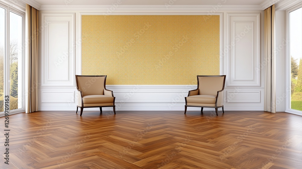 Fototapeta premium A luxurious gold-accented wall with intricate details, resting above a high-gloss dark parquet floor that reflects the opulence. interior room.