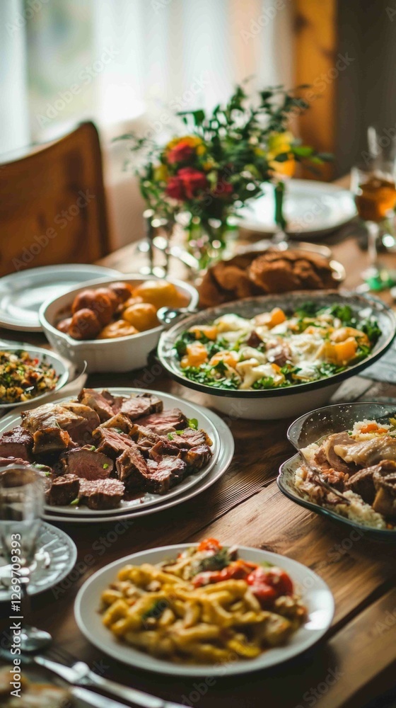 Nostalgic Family Dinner Table Surrounds Home-Cooked Delicious Food Nostalgic Family Dinner Table Surrounds Home-Cooked Delicious Food